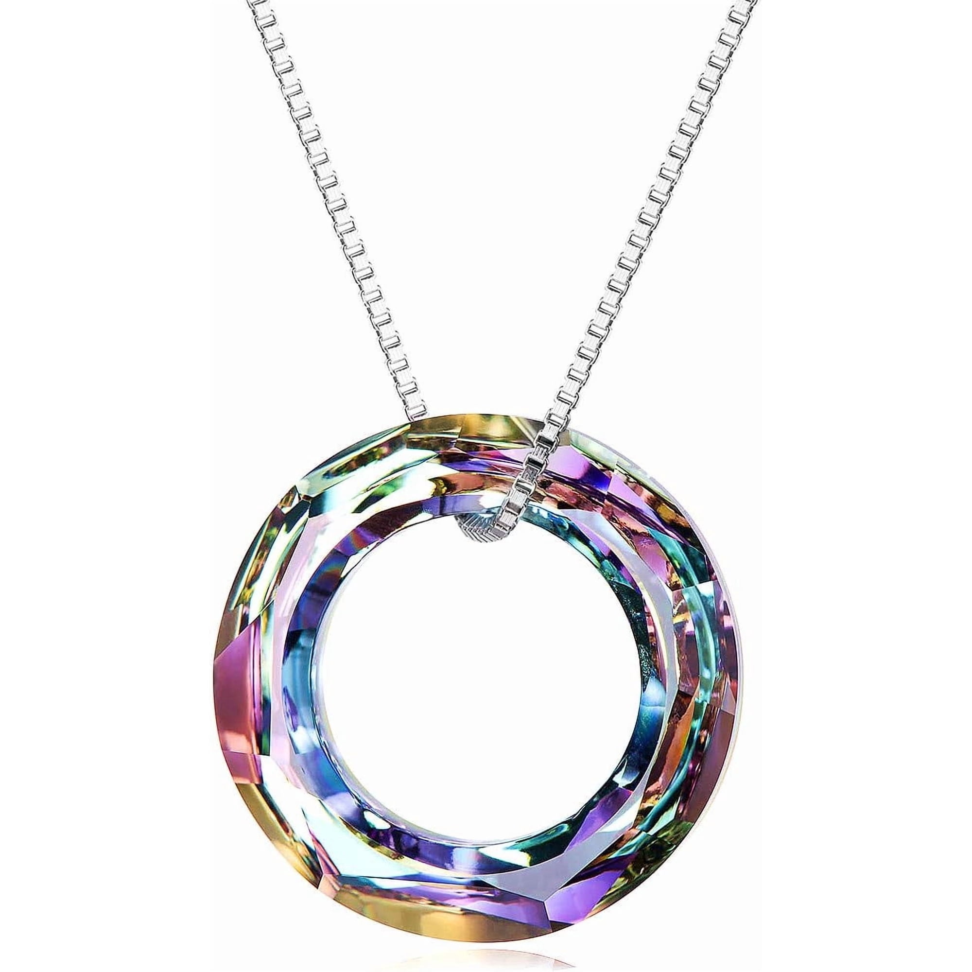 DVEATR 933 Sterling Silver Circle Crystal Necklace, Round Pendant Jewelry with Sparkling Crystal Detail, Gift for Women
