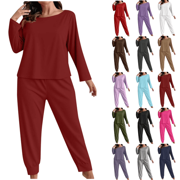 Diufon Plus Size Pajamas for Women Set Long Sleeve Solid Color Crewneck Tops & Pants 2 Piece Sleepwear Casual Home Suit