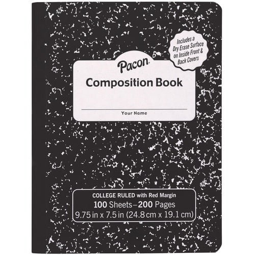 Pacon Marble Hard Cover Wide Rule Composition Book 1 Subject(s) - 100 Sheets - 200 Pages - Wide Ruled Red Margin - 9.75' x 7.5' x 0.4' - Black Cover Marble - Recyclable, Hard Cover, Dry Erase Surface