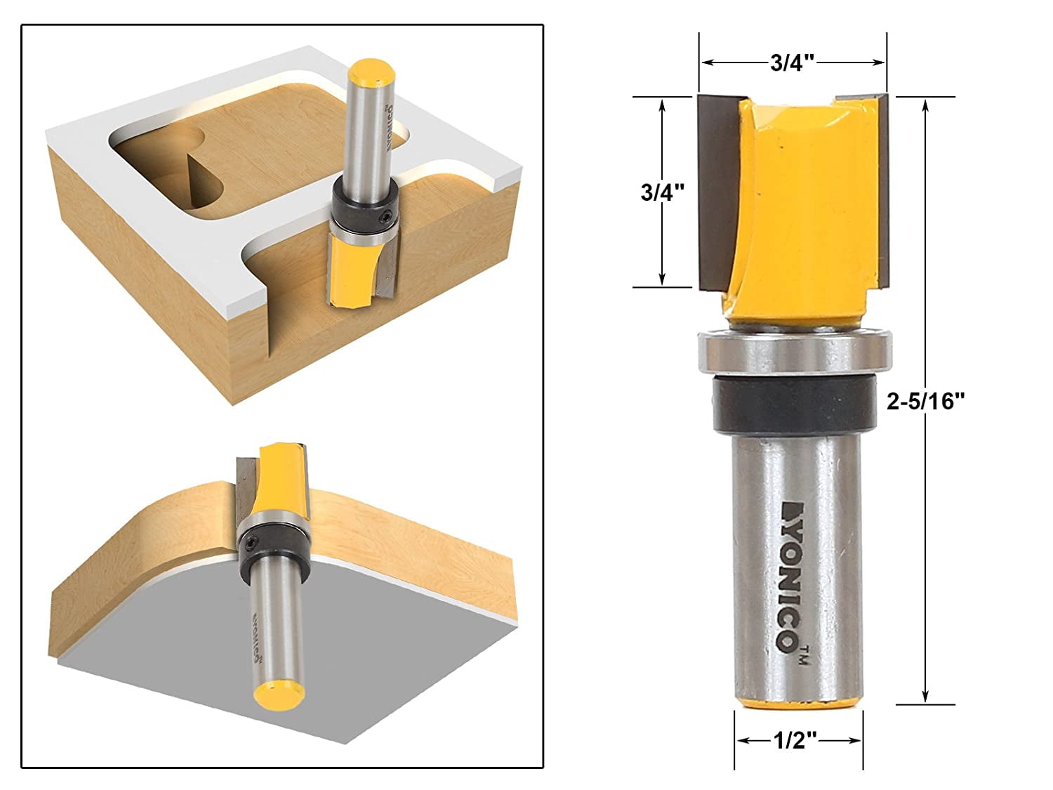 4 Bit 3/4" Diameter Flush Trim Template Router Bit Set - 1/2" Shank - Yonico 14426