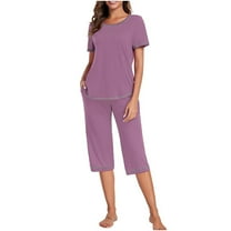 Diufon 2 Piece Suits for Women Summer Short Sleeve Round Neck Tops 3/4 Pants Color Block Outfits with Pockets