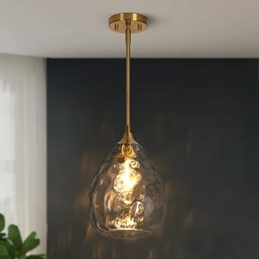 LNC Modern Teardrop Glass Pendant Light, Ripple Clear and Polished Gold Mini Ceiling Light