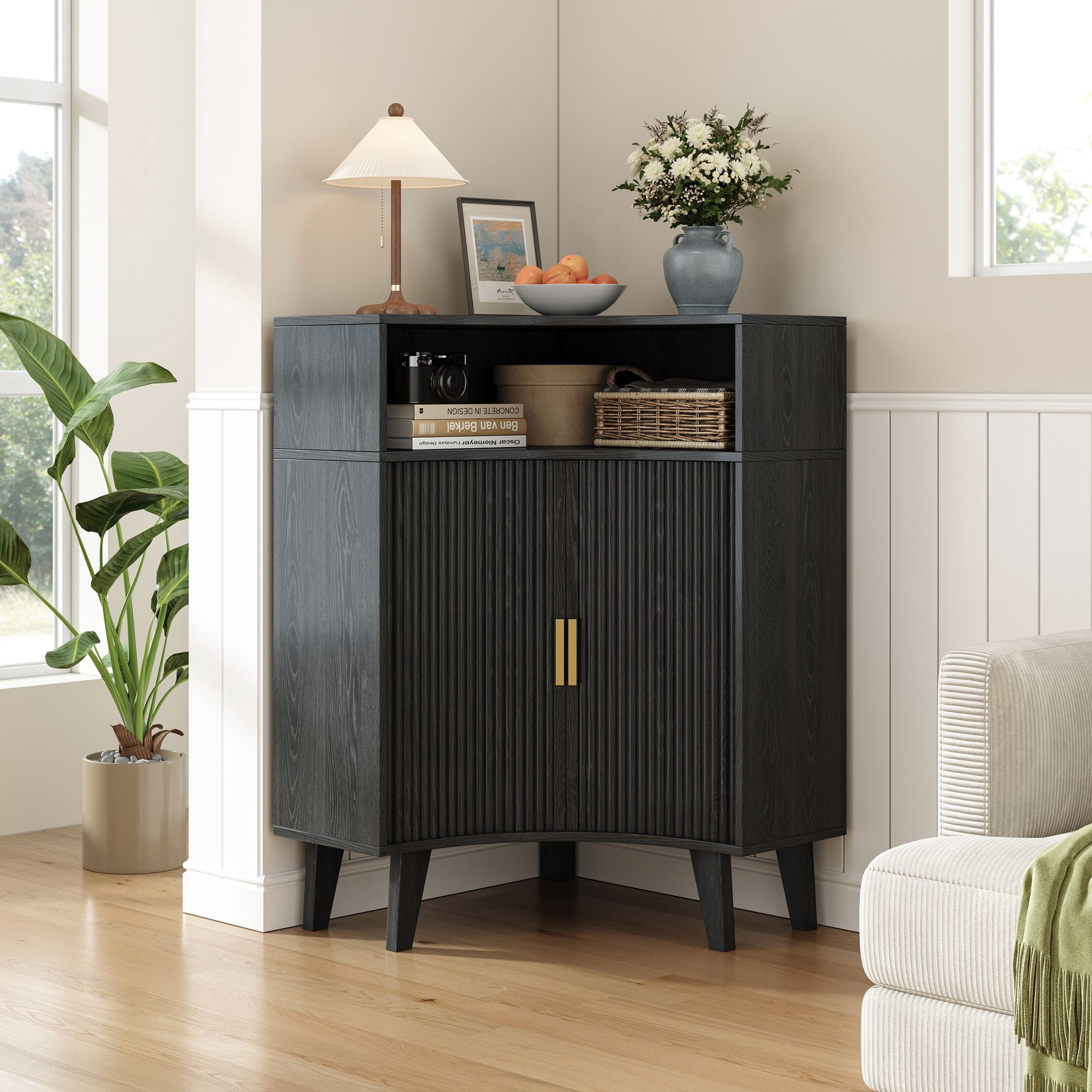 LSKTGA Fluted Corner Cabinet, Modern Narrow Freestanding Storage Cabinet with Sliding Doors, Small Floor Cabinet, Corner Storage Cabinet with Shelves for Living Room, Kitchen, Bathroom, Black