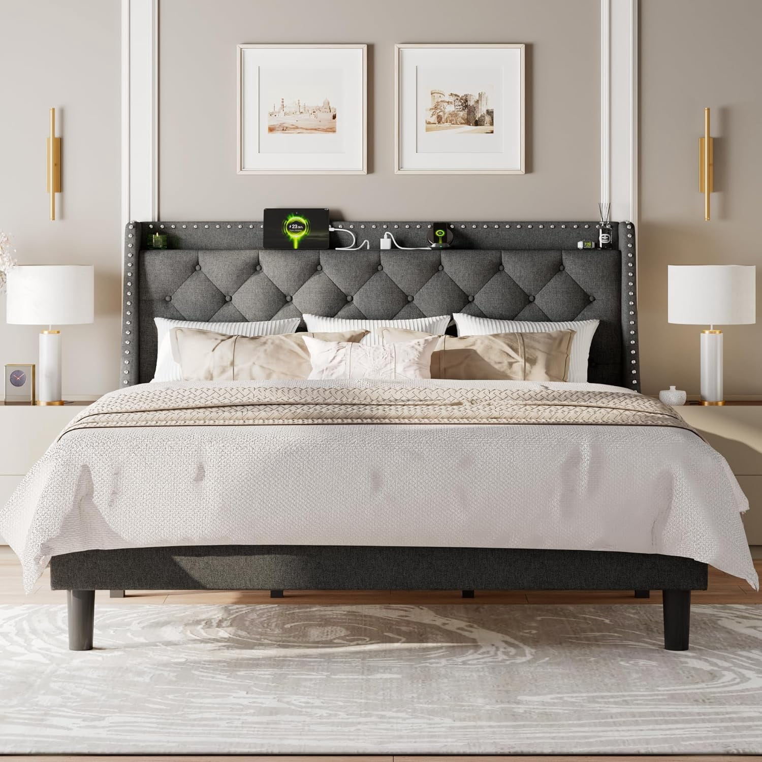 Feonase King Size Bed Frame with Luxury Wingback and Fast Charging Station,King Platform Bed Upholstered Button Tufted Storage Headboard,Sturdy Wooden Slats Support,Easy Assembly,Noise-Free,Dark Gray