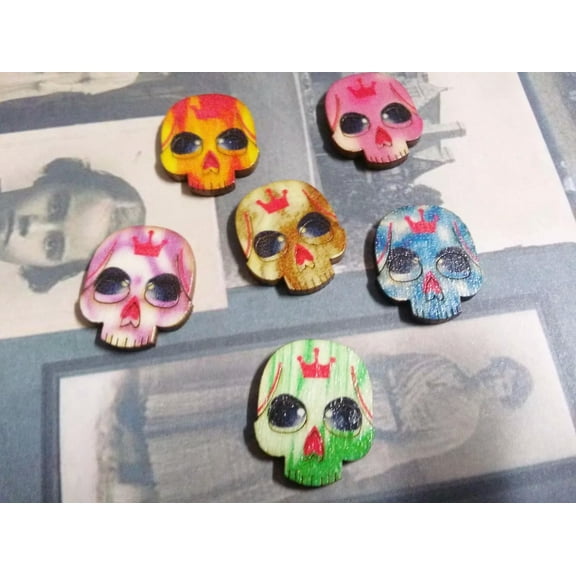 U8MO 5 Skull Cabochons Wood Sugar Skull Flatbacks Day of the Dead Assorted