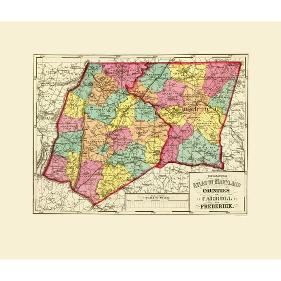 Historic County Map- Carroll Fredrick Counties Maryland - Stedman 1873 - Vintage Wall Art