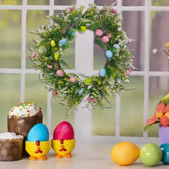 CSSAD 18 Inch Spring Easter Colorful Eggs Wreath for Front Door, Eggs Berries Wreath with Artificial Green Leaves for Inside and Outside, Summer Spring Home Decor Wreath