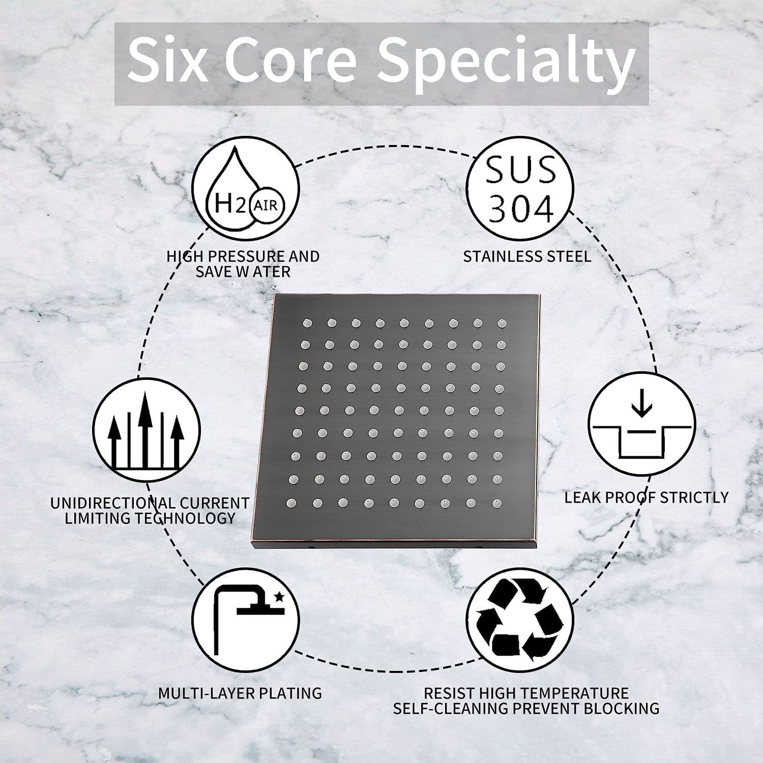 Shower Head 8 inch Square Rain Stainless Steel High Pressure Oil Rubbed Bronze Heads Rainfall Bath Self-cleaning Silicone Nozzle
