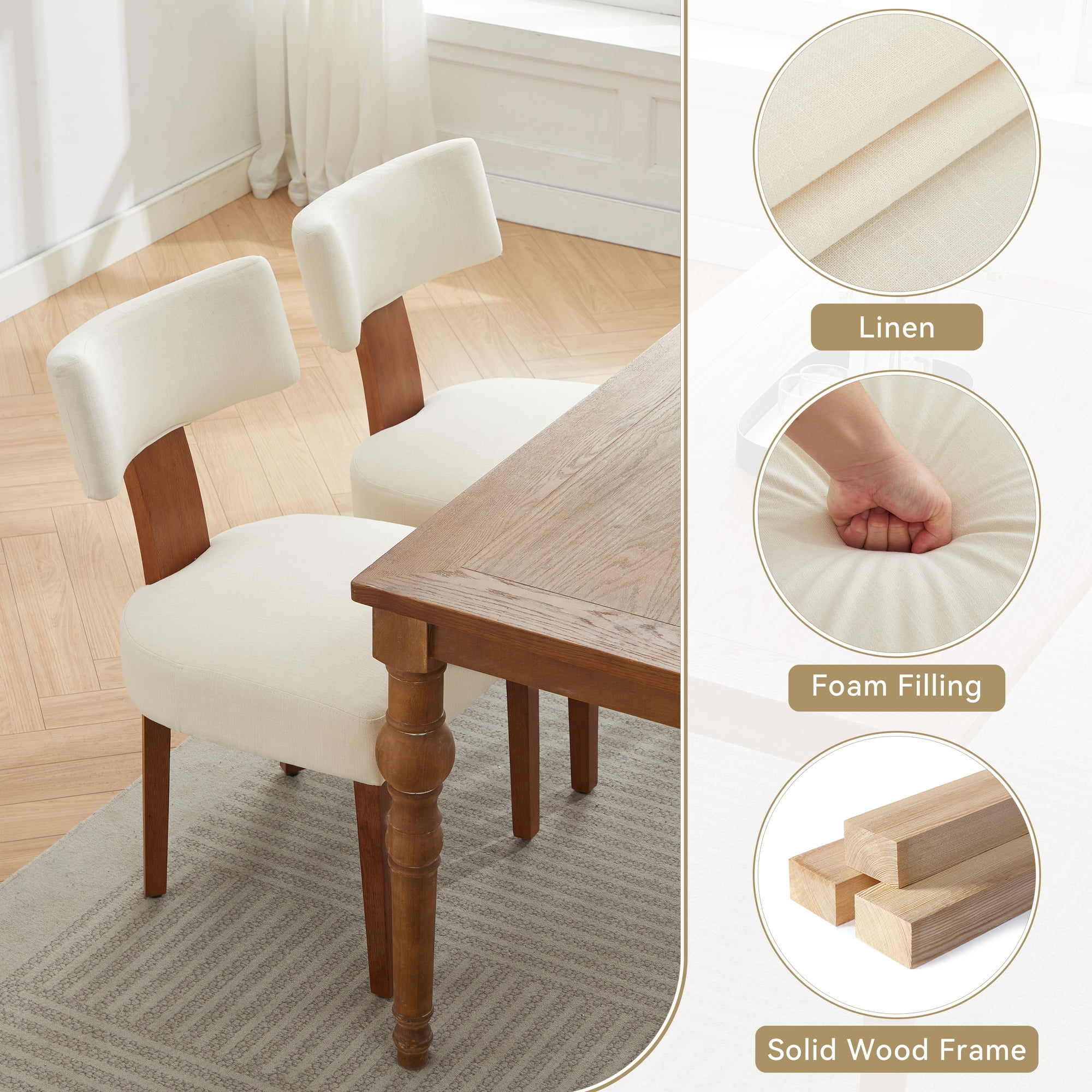 MOONMISS Modern Upholstered Dining Chairs Set of 2 With Curved backrest and Solid Wooden Legs,Beige