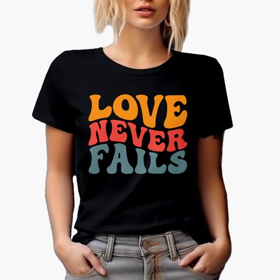 Love Never Fails, Quote from 1 Corinthians 13 Bible Scripture, Groovy Retro Wavy Text Merch Gift, Black T-Shirt, Small