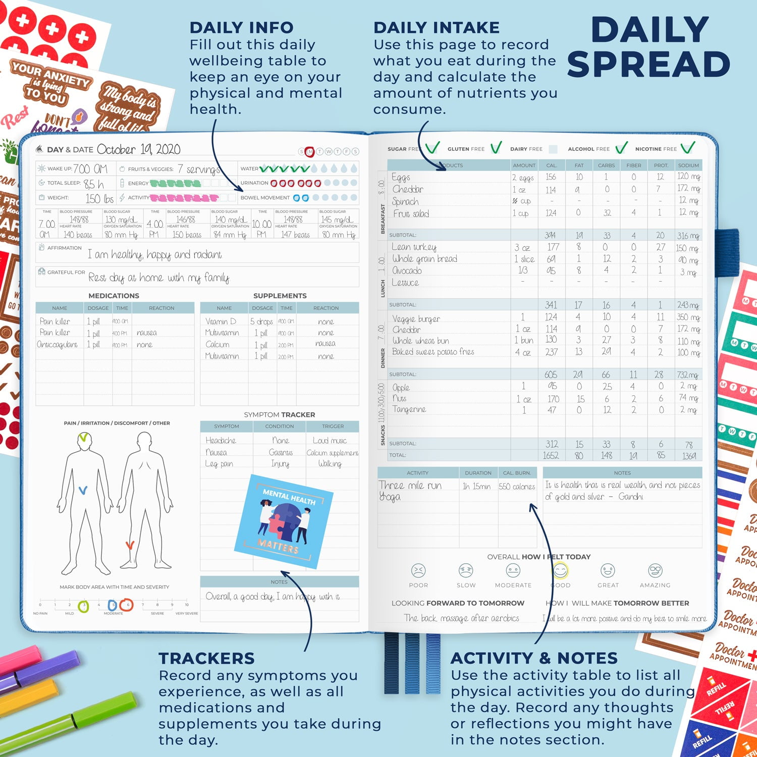 Clever Fox Medical Planner Daily - Medical Notebook, Health Diary, Wellness Journal & Logbook to Track Health - Self-Care Medical Journal - 3 Months, Undated, 7″ x 10.5″, Hardcover (Mystic Blue)