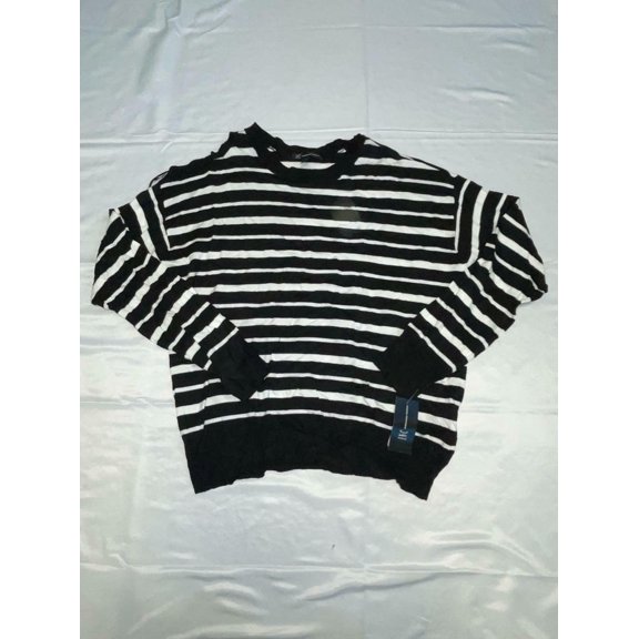 $80 Inc International Concepts Striped Cold-Shoulder Sweater Black Size Large