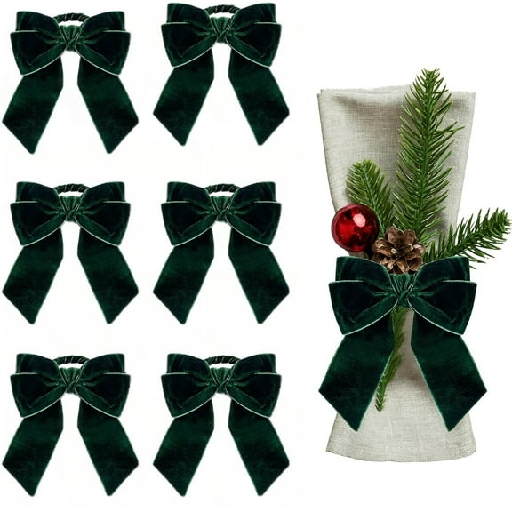 6Pcs Christmas Bow Napkin Rings, Green Velvet Bow Tie Napkin Holder for Thanksgiving, Xmas, Wedding, Birthday Party Dinner Table Decoration