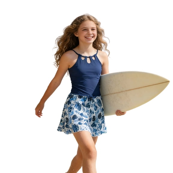 FINALGANG Girls 2 Piece Tankini Set Solid Color Hollow Halter Top With Tree Print Skirted Bottom Stretchy Beach Swimwear For Kids Surfing Vacation Navy 13-14 Years