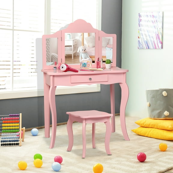 Costway Kids Vanity Table & Stool Princess Dressing Make Up Play Set for Girls Pink