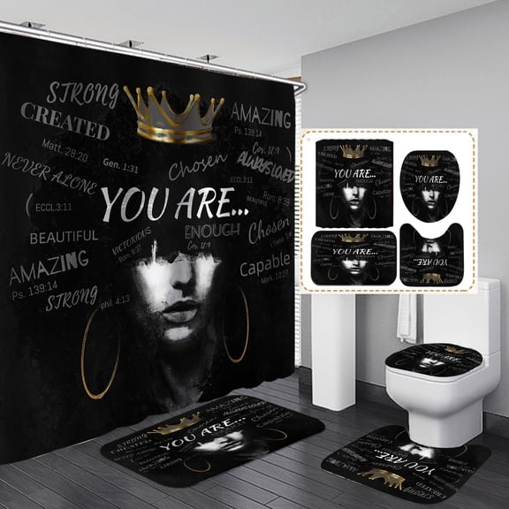 4PCS Black African King Shower Curtain Sets with Rugs, Powerful Black Man Bathroom Sets with Shower Curtains, Hooks,Bath Mat and Toilet Lid Cover, Waterproof Fabric Black King Man Shower Curtain Set