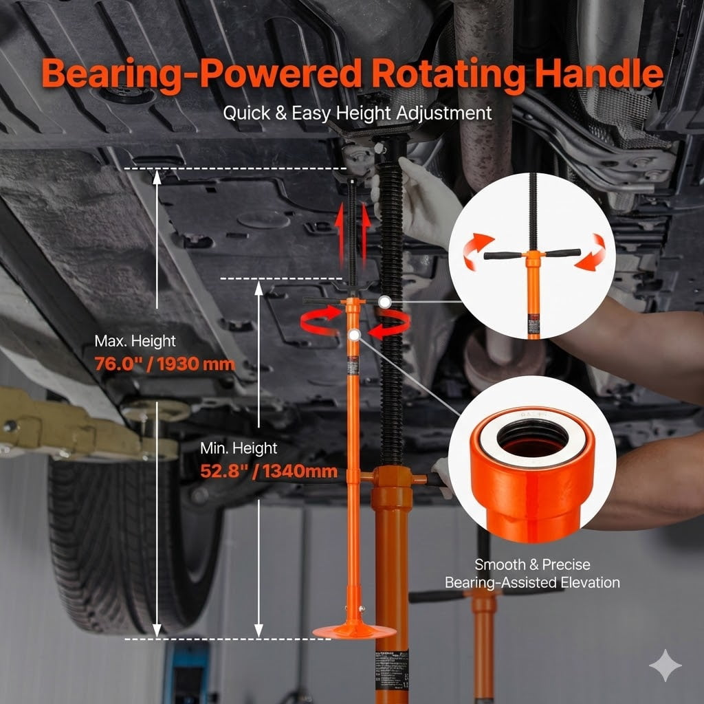 Underhoist Support Stand, 3/4 Ton Capacity Under Hoist Jack Stand, Lifting from 52.8 to 76 in, Self-Locking Threaded Screw, Bearing Mounted Spin Handle Pole Jack, Support Vehicle Components