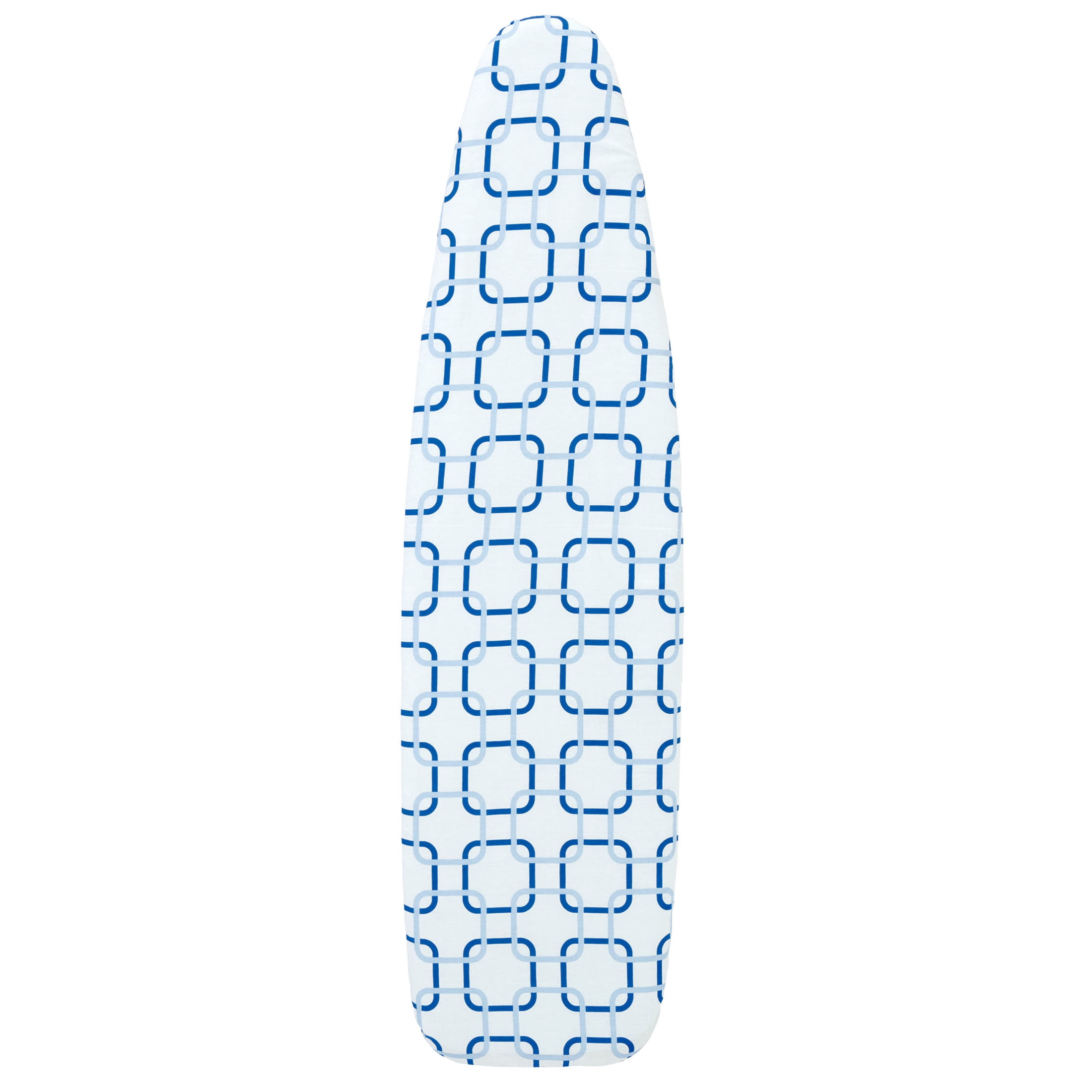 Household Essentials Arched T-Leg Ironing Board, Steel Top and Strong Metal Frame, Heat-Resistant Cotton Cover with Fiber Padding, Silver Frame, Blue Geometric Pattern with Matching Feet