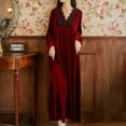 thumbnail image 2 of Homgro Women's Long Sleeve Velvet Nightgown Sleep Dress V Neck Mid-length Pleated Nightwear Burgundy X-Large, 2 of 5