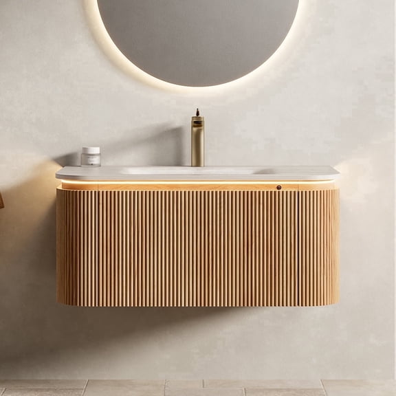 FFZ 36 inch Floating Bathroom Vanity Sink Curved Cabinet with Drawer Sensor Light, Natural Woodgrain