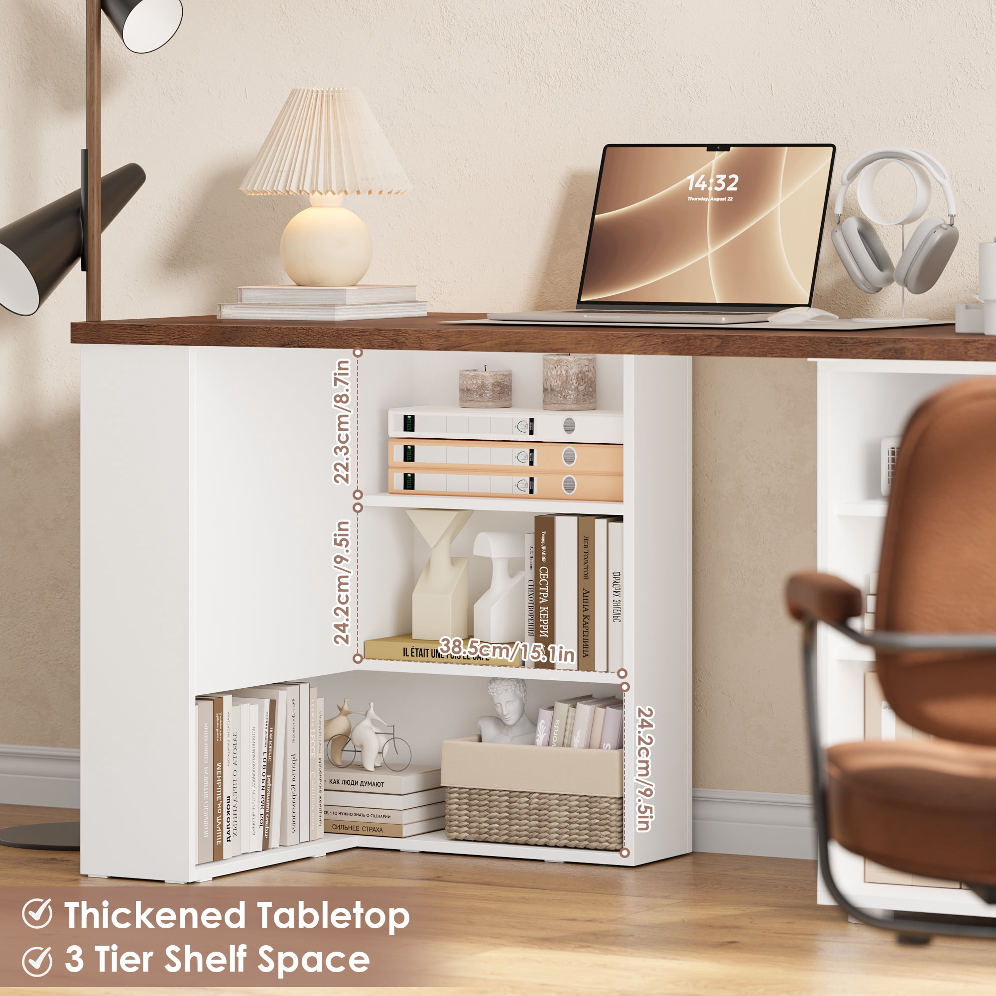 Homfa L Shaped Reversible Computer Desk with Cube Storage Organizer, 2 Drawer Wooden Farmhouse Executive Desk for Home Office, White