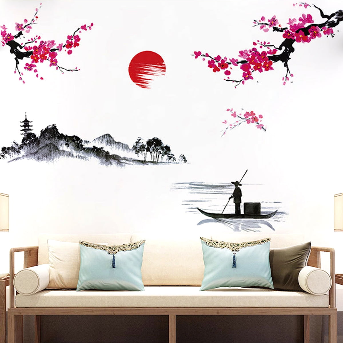 2 Sheets Japanese Style Wall Sticker Red Cherry Blossom Wall Decals Removable Peel and Stick