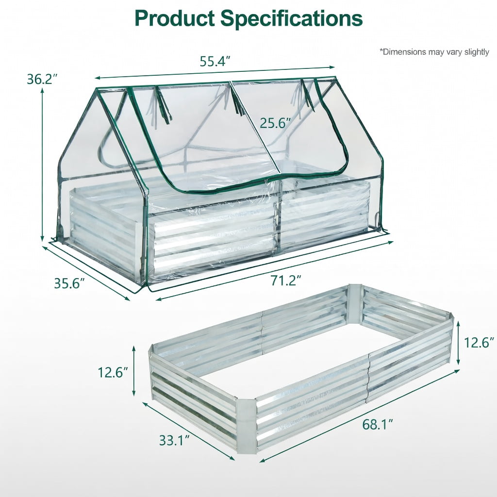 Demifill 6 x 3 x 3 Feet Galvanized Raised Garden Bed with Greenhouse, Greenhouse with PVC Cover and 2-Tier Windows, Clear