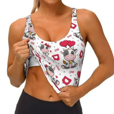 Qokaie Caring Cow Pattern Womens Scoop Neck Sports Bra Breathable Workout Vest Padded U Back Medium Impact Fitness Gym Yoga Bra Workout Crop Top