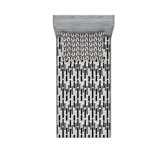 Ambesonne Abstract Fitted Sheet & Pillow Sham Set, Brush Mark Effect Stripes, Twinxl, White and Black