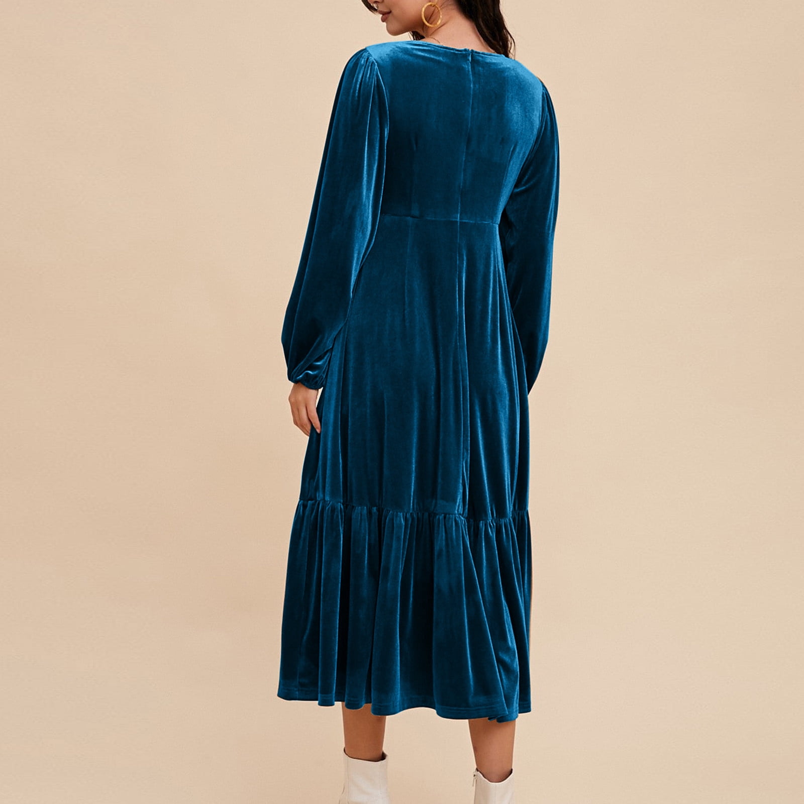 OSFVNOXV Maxi Dresses for Women Fall High Waist Lantern Sleeve Velvet Dress V-Neck Bodycon Tiered Flowy Long Cocktail Wedding Dating Dress