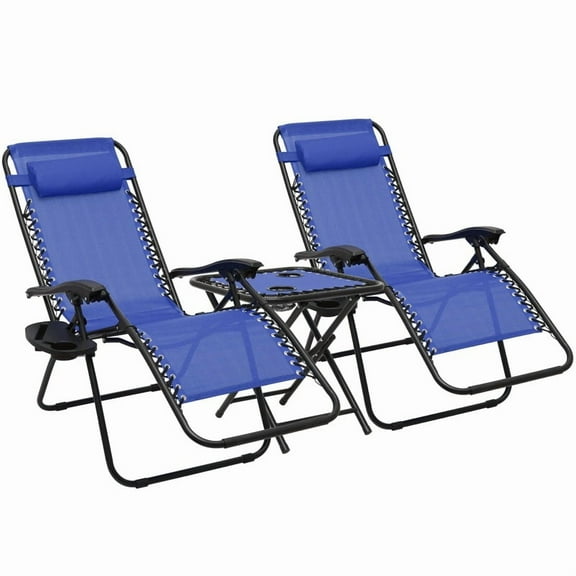 BEZT Set of 2 Lounge Chair With Tray And Headrest, Outdoor Zero-gravity Folding Chair, Blue