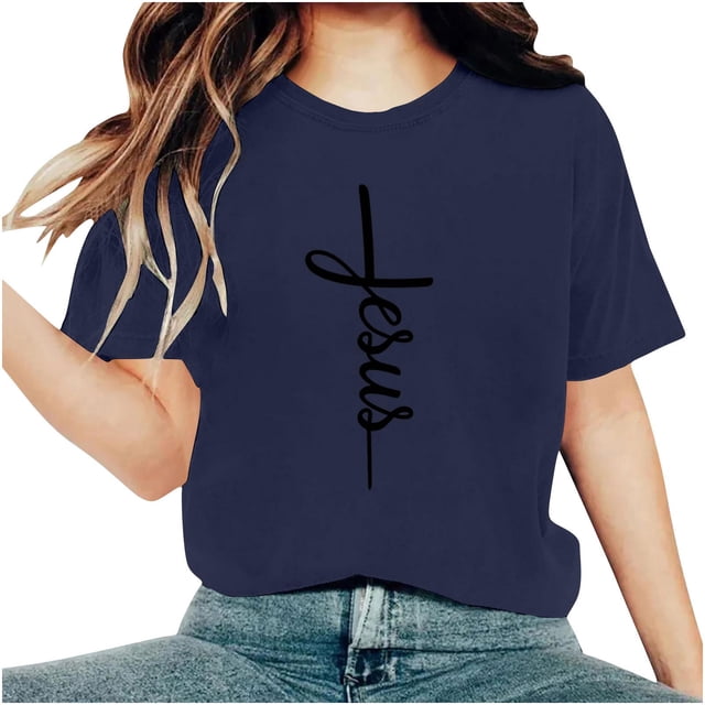 Camisetas de Cuello de Tripulación de Manga Corta para las Mujeres Cartas de Impresión de Pascua Camiseta de Manga Corta, Spandex de Poliéster