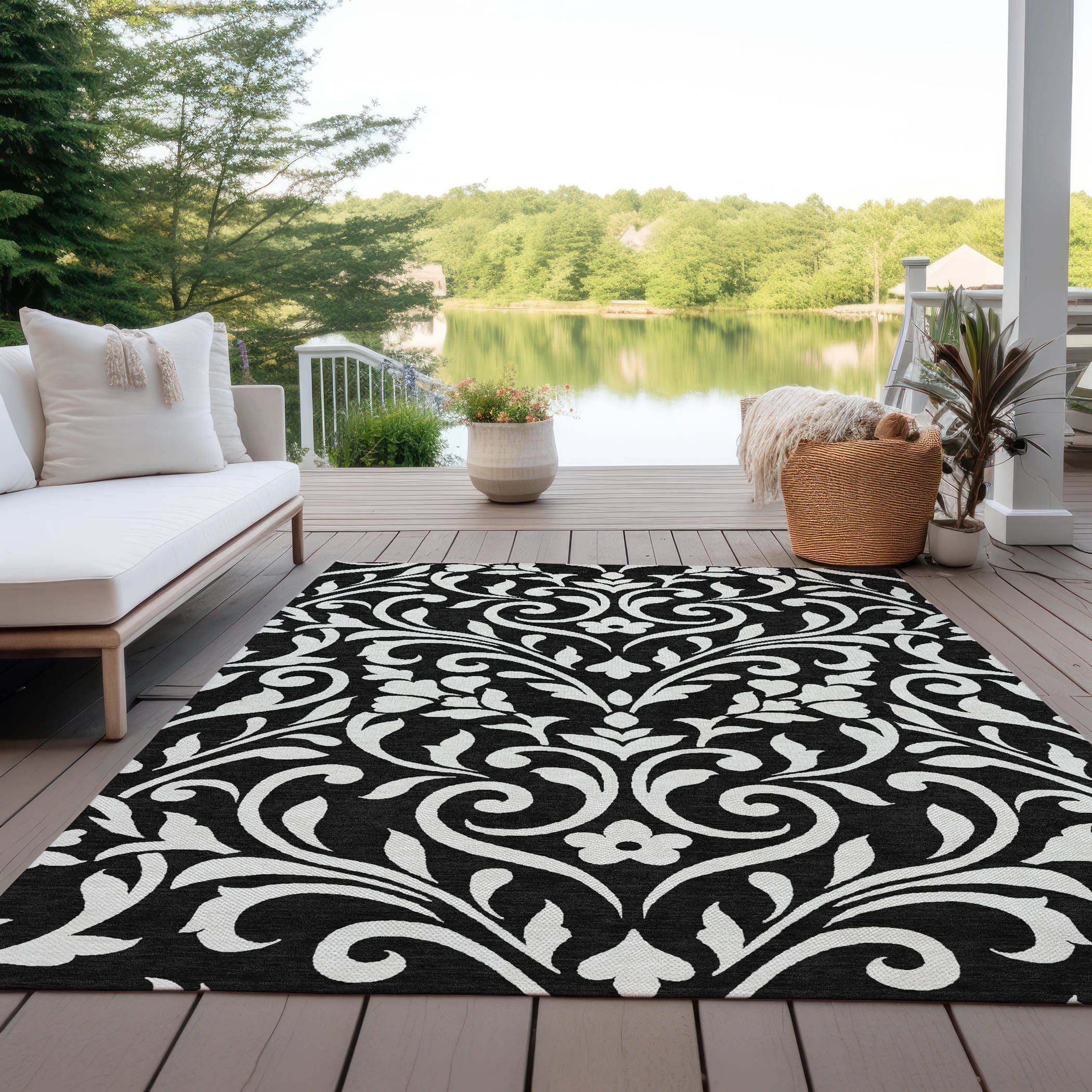 Addison Rugs Chantille Indoor/Outdoor Transitional Floral Black Washable Rectangle Rug, 10' x 14'