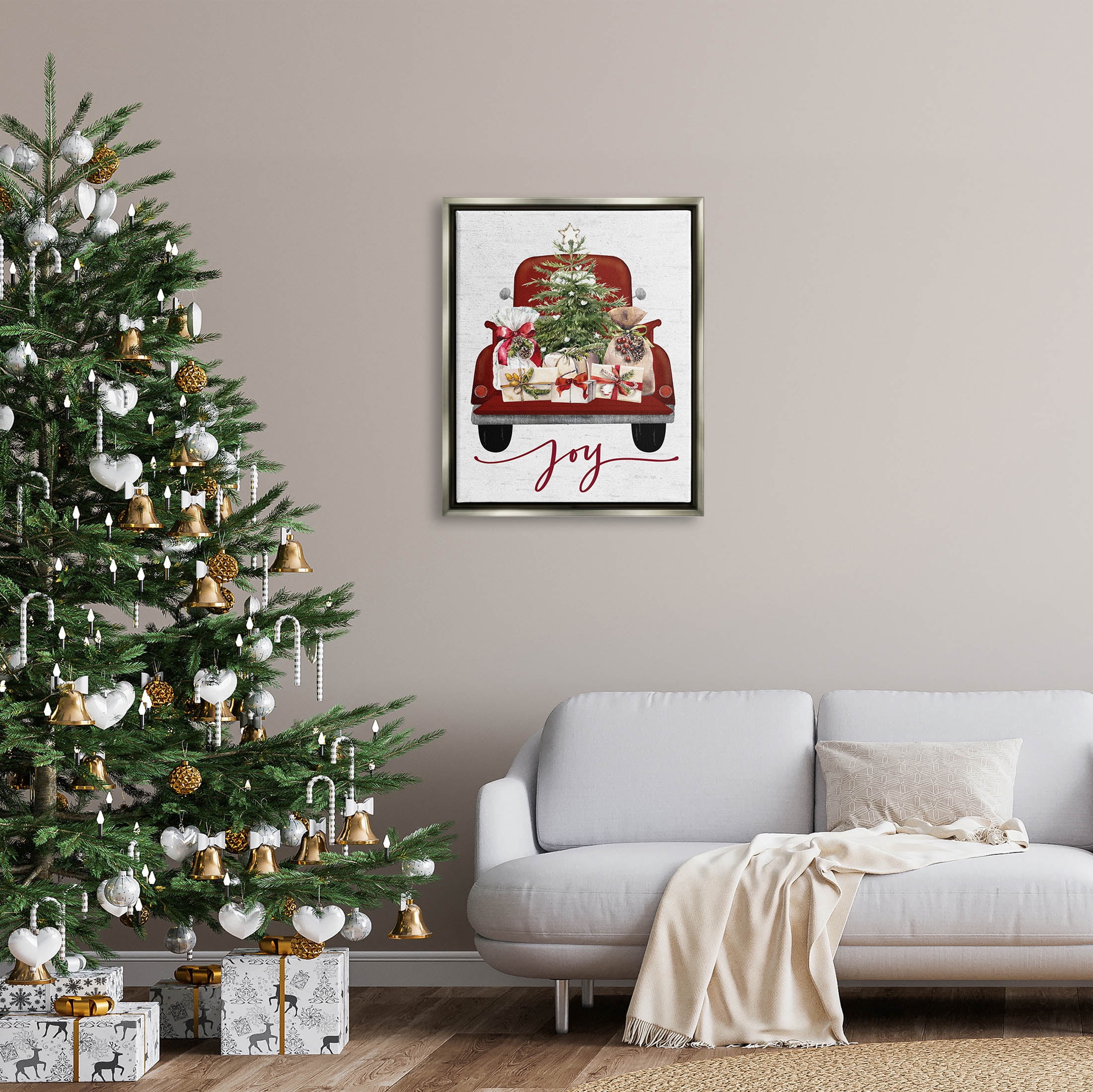 Stupell Industries Joy Holiday Red Gift Truck Graphic Art Luster Gray Floating Framed Canvas Print Wall Art, Design by Lettered and Lined