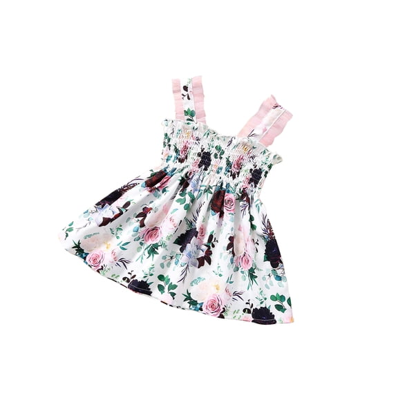 Girls Floral Print Sling Dress Sleeveless Low-cut High Waist Dress