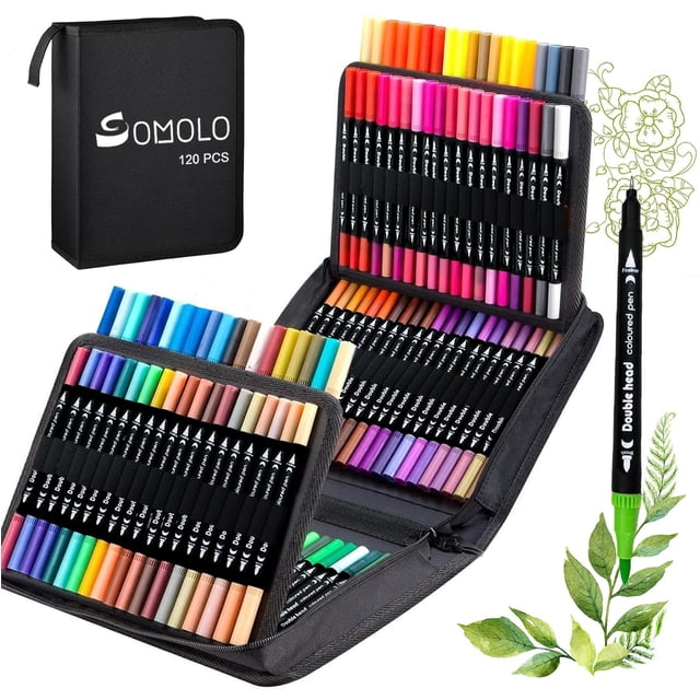 120 Colors colouring markers, Dual Tips Brush Markers for adult coloring books, fine tip markers and felt tip pens for Drawing, B