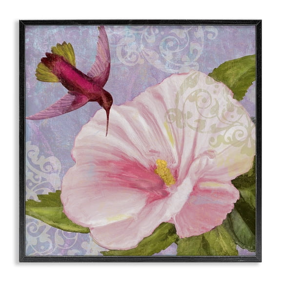 Stupell Industries Hummingbird with White Flower Floral Painting Black Framed Art Print Wall Art, 12 x 12