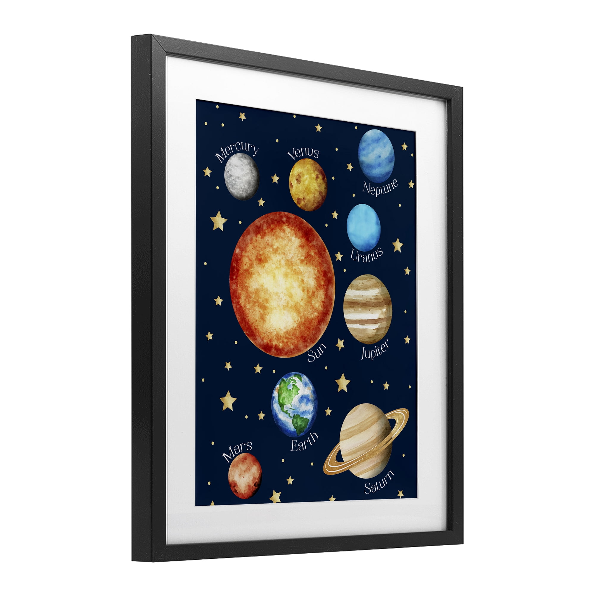 Educational Solar System Space Black Framed Print Under Glass, design by Christine Simpson Art