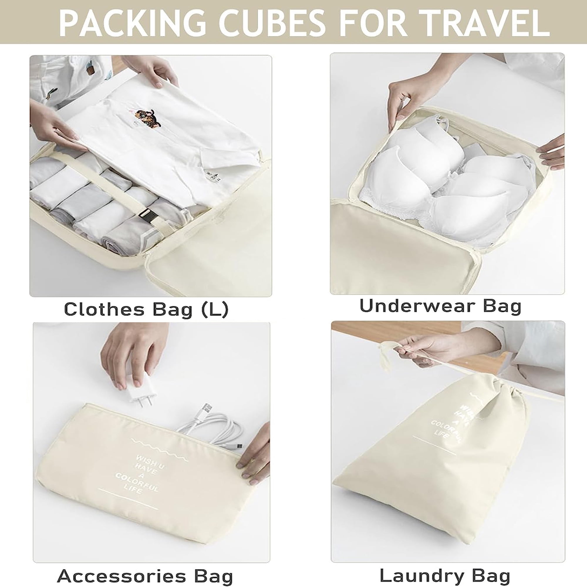 lEPECQ Packing Cubes for Travel & Suitcases Foldable Suitcase Organizer Lightweight Luggage Storage Bag 6 Pack - Beige