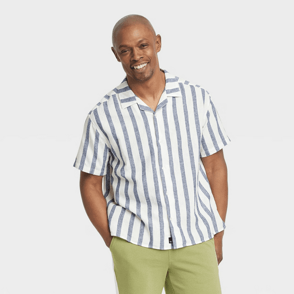 Houston White Men's Short Sleeve Striped Button-Down Camp Shirt - (Cream, Large)