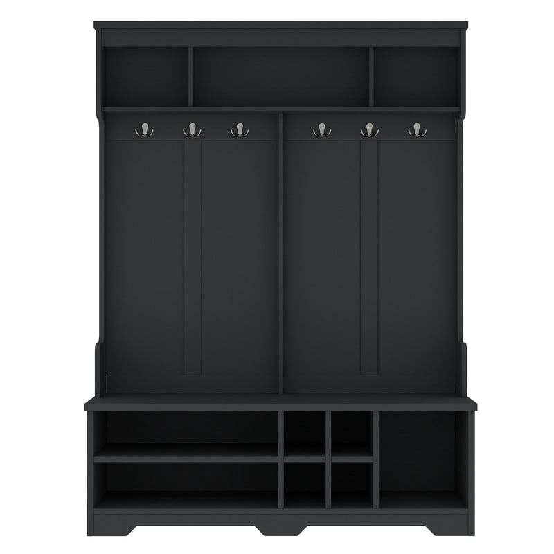 Modern Hall Tree with 6 Hooks, Entryway Coat Rack with Top Storage Space, Multi-Functional Mudroom Organizer Entryway Bench with Shoe Cubbies and Shelves for Hallway, Living Room