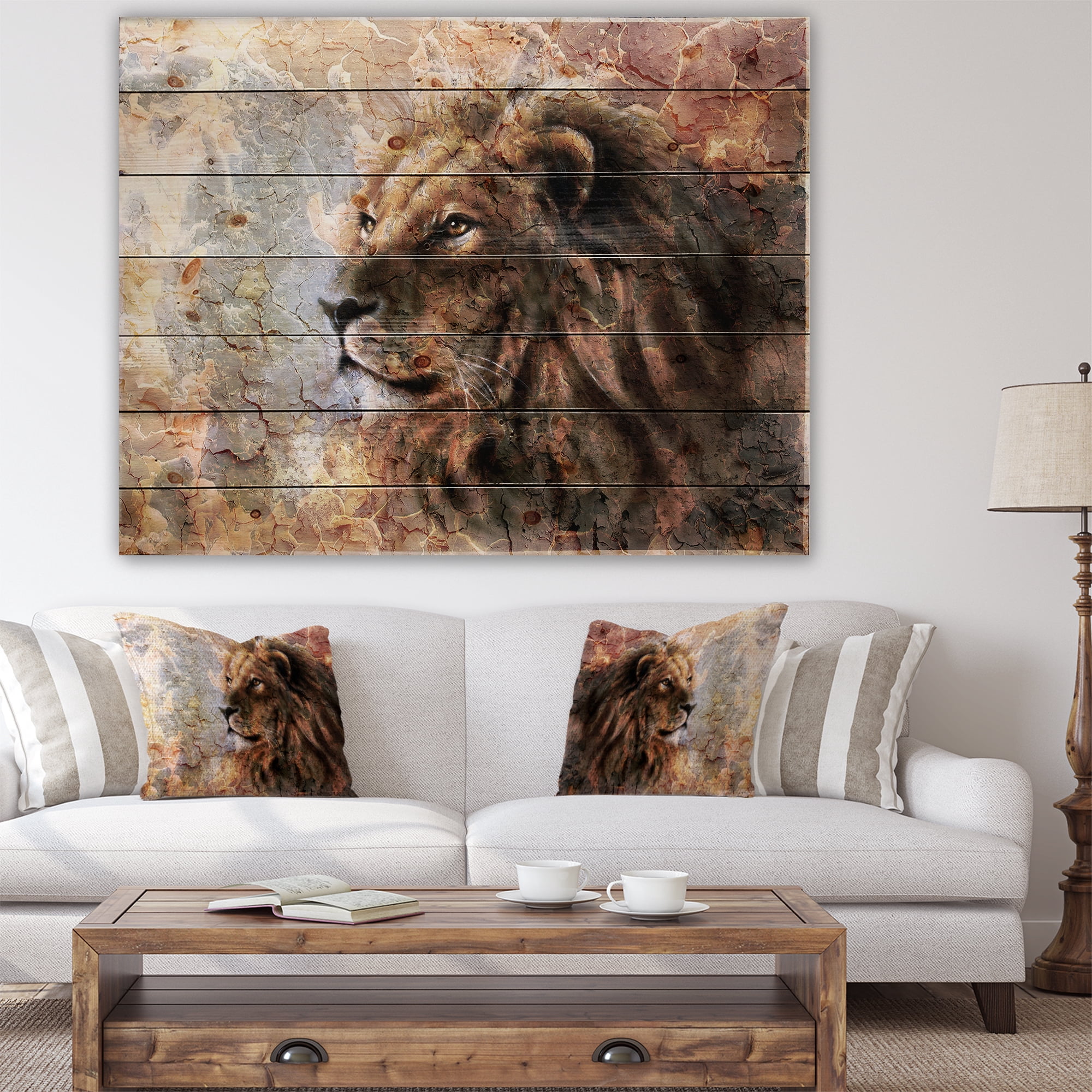 Designart 'Peaceful Lion' Animal Art Print on Natural Pine Wood