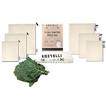 Premium ZERO WASTE Reusable Produce Bags, Set of 7 - Sustainable Certified Organic Cotton, Mesh and Muslin, S, M & L with XL Swaddle Wrap for Leafy Greens - Tare Weight on Tags