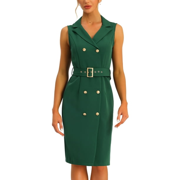 Vestido de oficina de trabajo con cinturón y solapa con muescas sin mangas para mujer Verde Oscuro XL