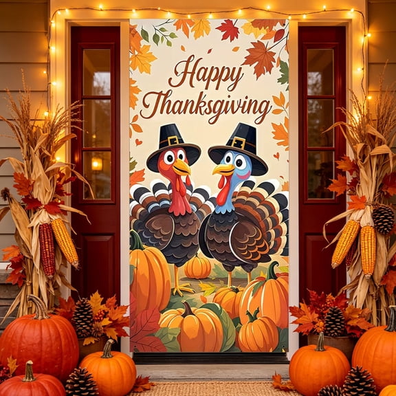 Fmbmuo Thanksgiving Decoration Door Curtain Banner 35x71in Festive Front Door Cover with Fall Harvest Patterns Home Decor,Multicolor