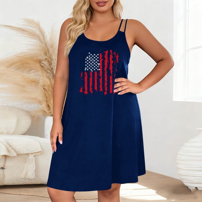 women's 4th of july dress Aohooy Women Spaghetti Strap Summer Flowy Sundress Oversize Loose American Flag Patriotic Midi Beach Tank Dresses Dark Blue,XXL breathable feel Fourth of July Dress Women