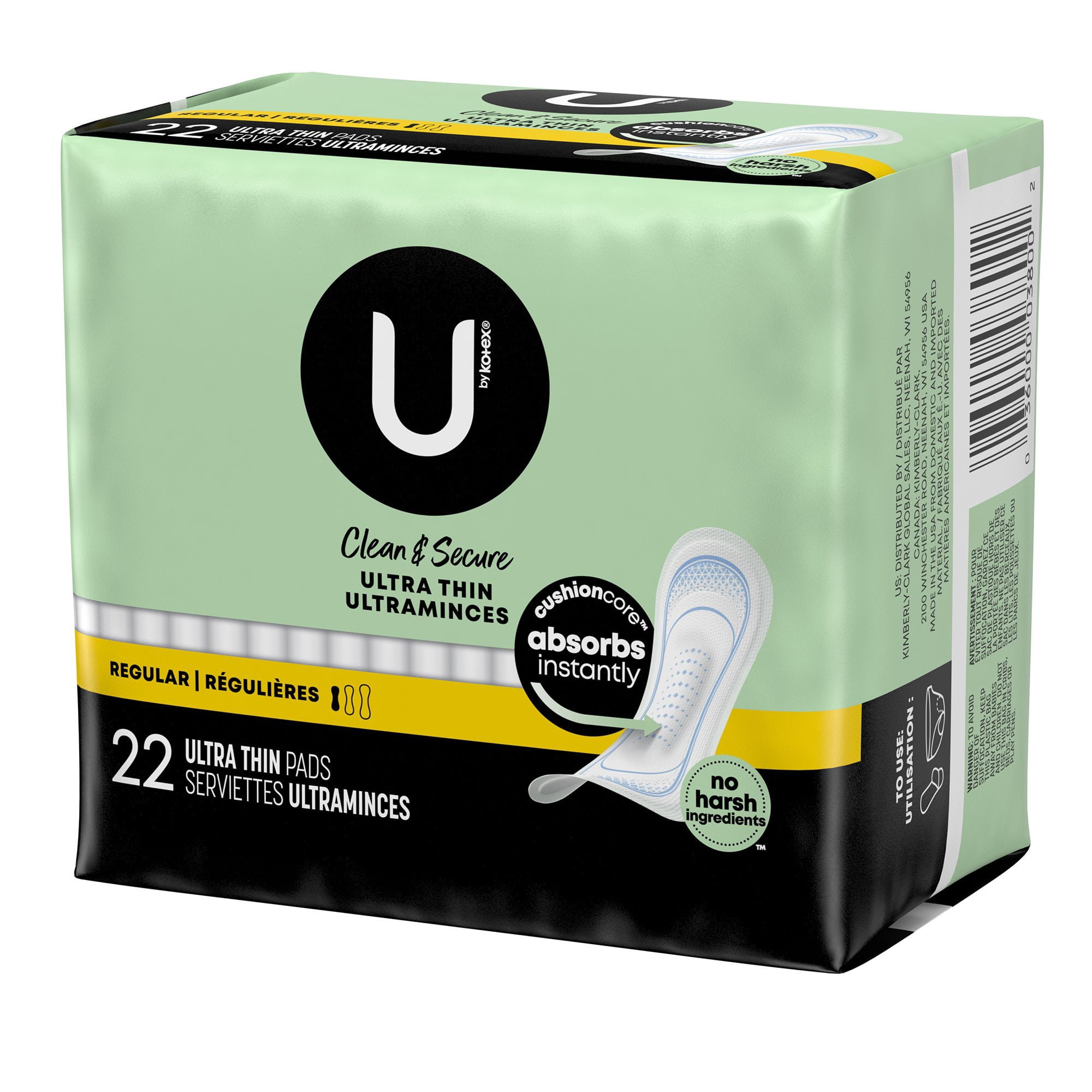 U by Kotex Ultra-Thin, Regular Absorbency Feminine Pads, 22 Count, 8 Packs, 176 Total