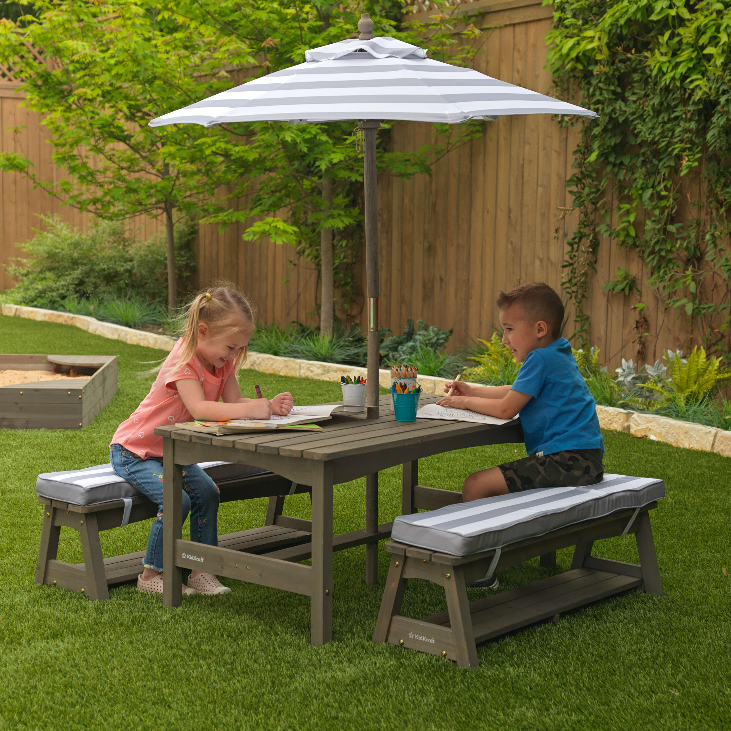 KidKraft Outdoor Table & Bench Set with Cushions and Umbrella, Gray and White Stripes, For Ages 3+ - image 3 of 9