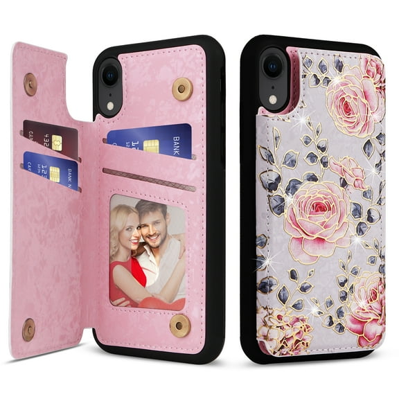 Dteck for iPhone XR Case Wallet with Card Holder, Floral Flower Pattern Back Flip Folio RFID Blocking PU Leather Kickstand Case for Women Girls, Double Magnetic Clasp Shockproof Cover 6.1",Rose