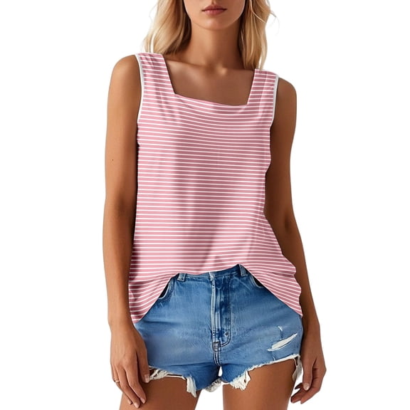 Wang6 Women Plus Size Tank Tops Causal Plus Size Striped Printed Sleeveless Tops Causal Loose Fit Square Neck Tunic T-Shirts Tees Pink XL